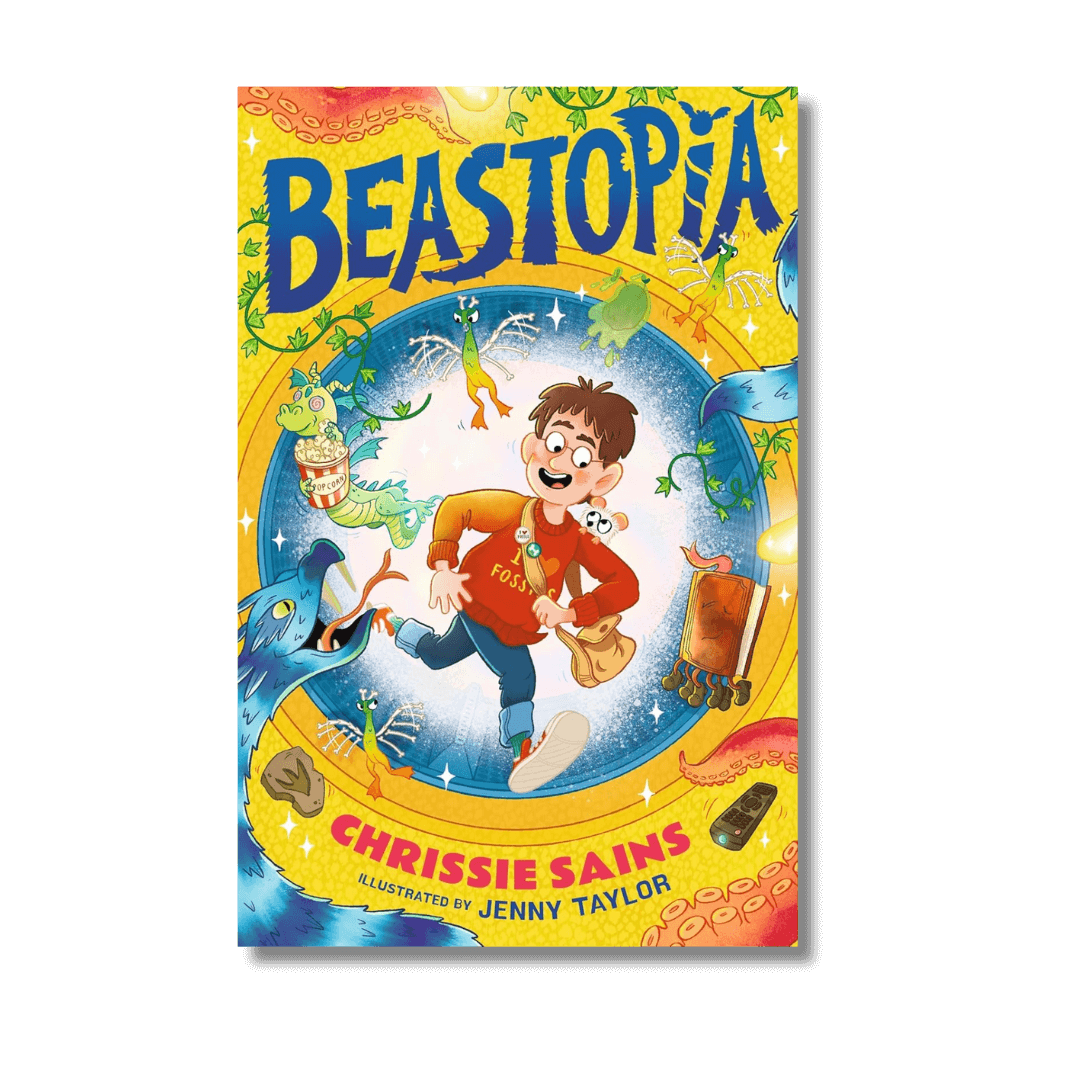 Book cover of 'Beastopia' by Chrissie Sains with a colorful illustration of a boy and various creatures.
