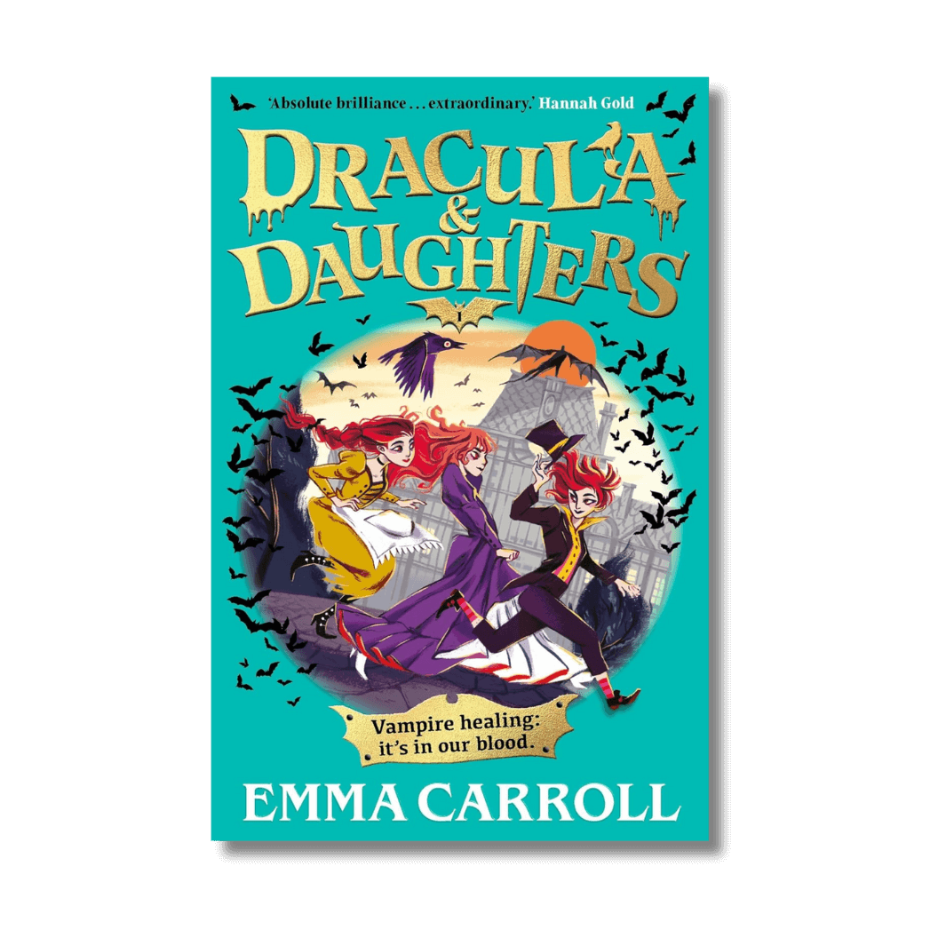 Book cover of 'Dracula & Daughters' by Emma Carroll with colorful illustration and text.