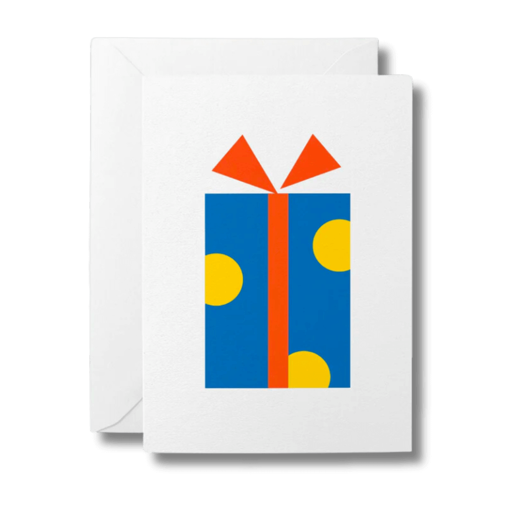 Greeting card with bold red, yellow and blue illustration of a wrapped gift box and ribbon