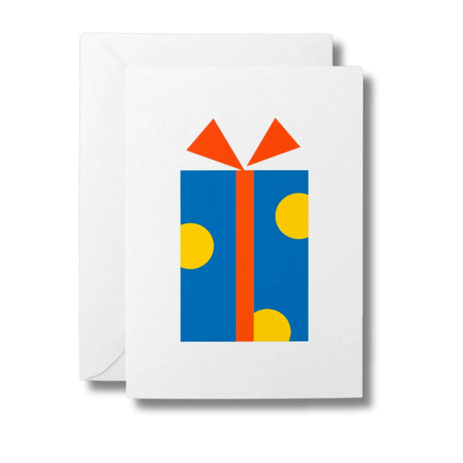 Greeting card with bold red, yellow and blue illustration of a wrapped gift box and ribbon