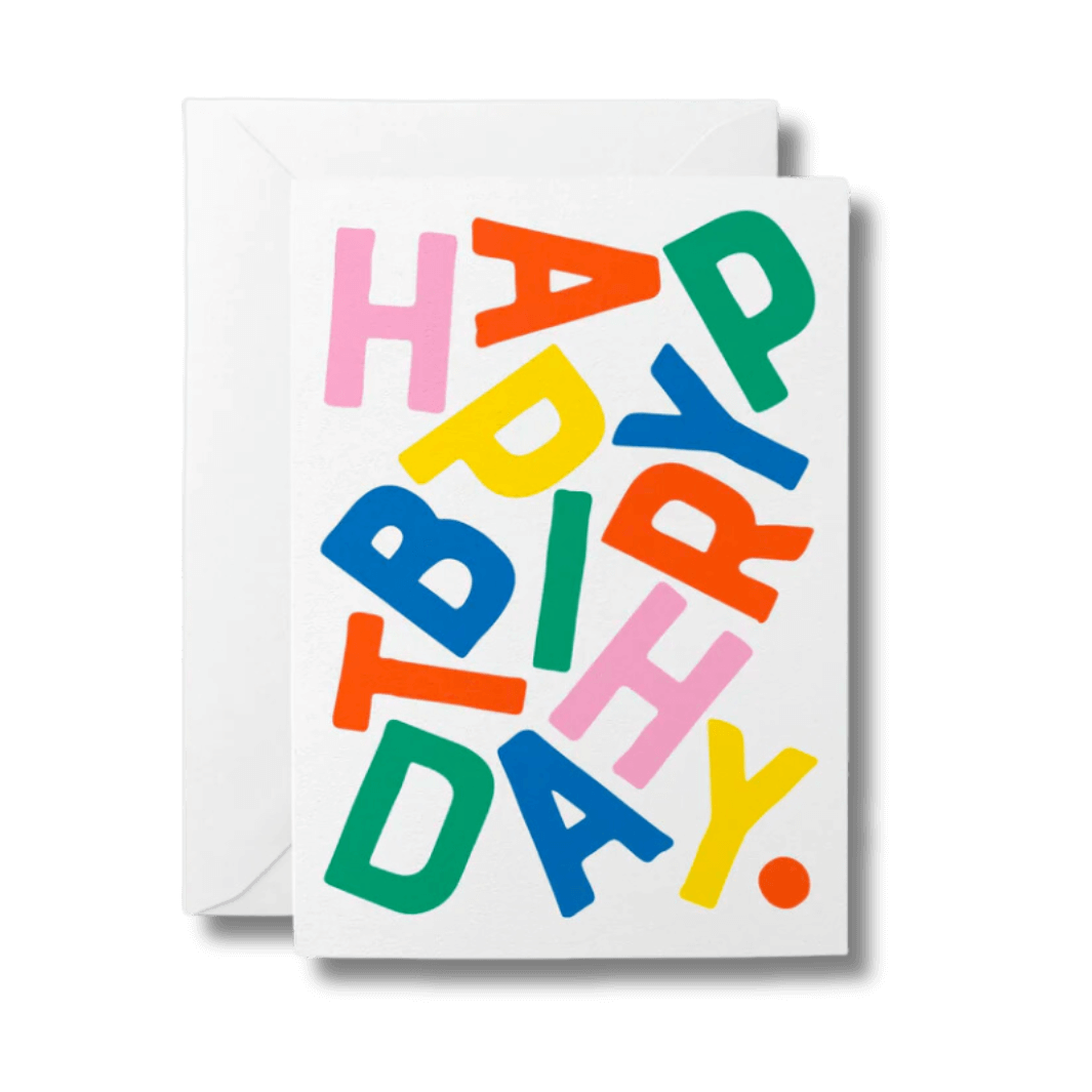 Greeting card with Happy Birthday written in colourful, bold font