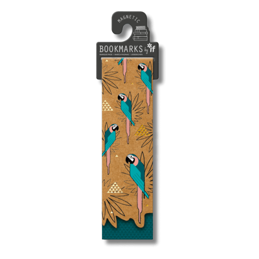 Folded kraft bookmark with a colourful stylish parrot design and gold foiled elements