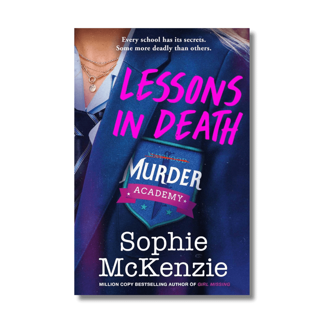 Book cover of 'Lessons in Death' by Sophie McKenzie with a person in a blue jacket and tie.