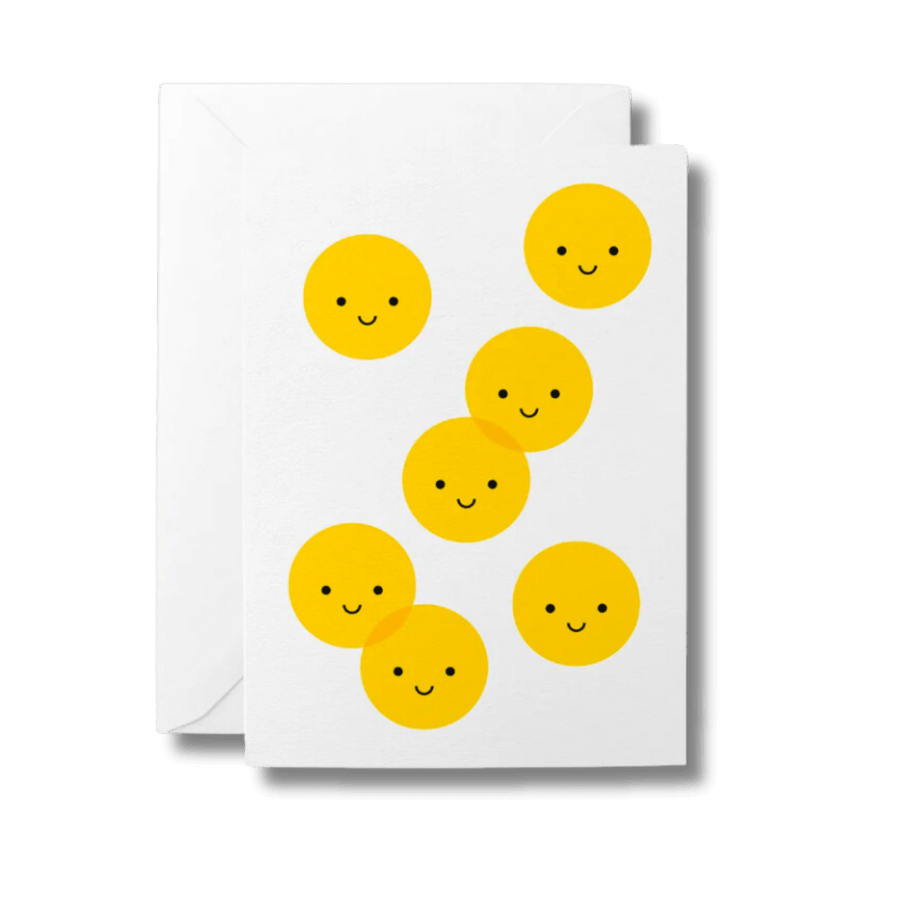 Greeting card with lots of yellow smiley faces on it