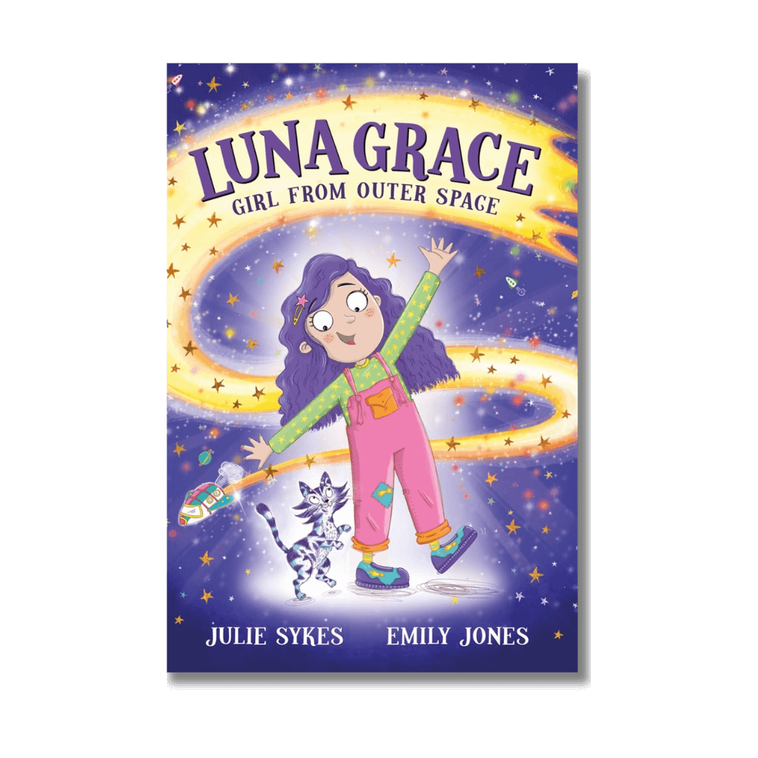 Book cover of 'Luna Grace, Girl from Outer Space' by Julie Sykes with a girl in space-themed attire against a starry background.