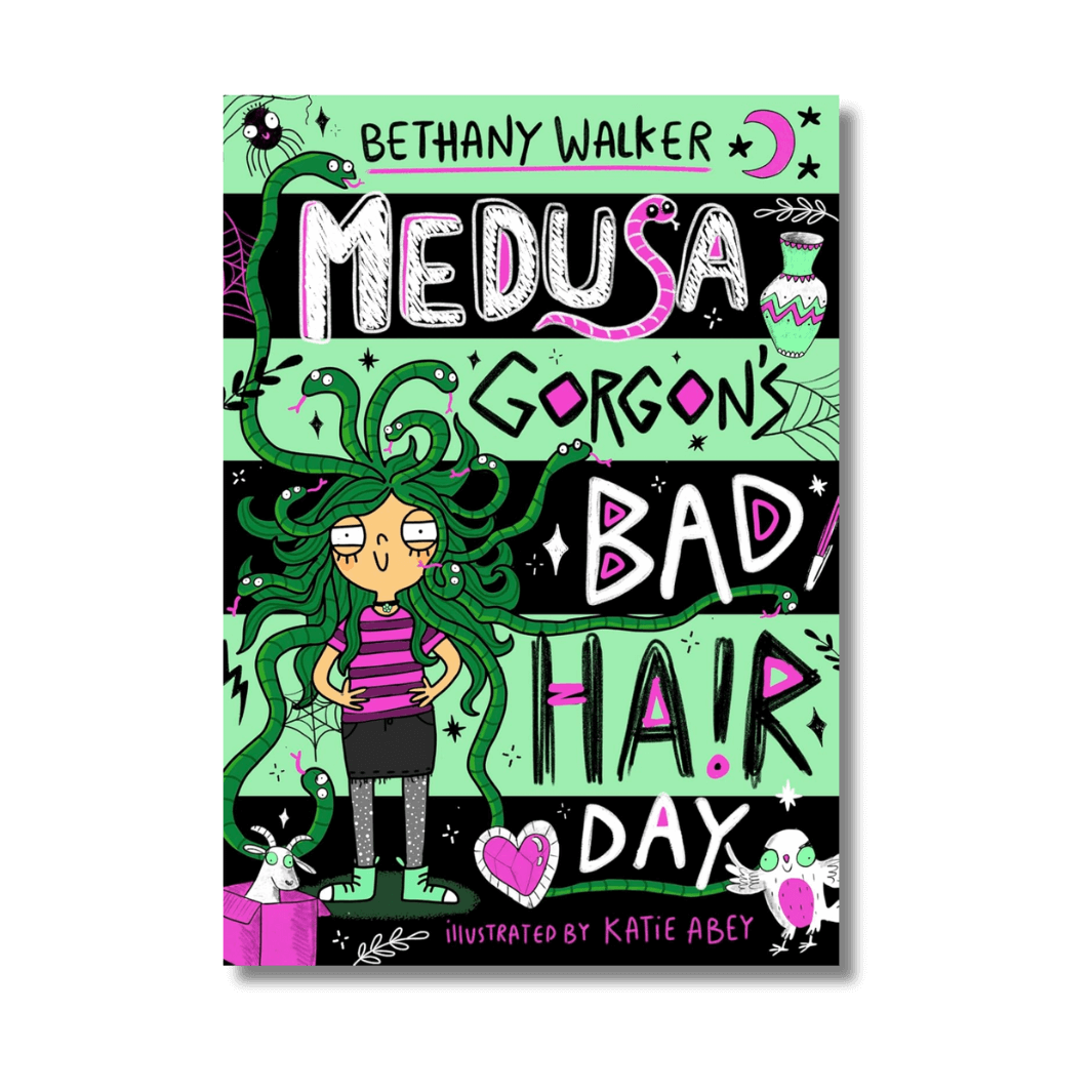 Book cover of 'Medusa Gorgon's Bad Hair Day' by Bethany Walker with cartoon Medusa and colorful text on a black background.