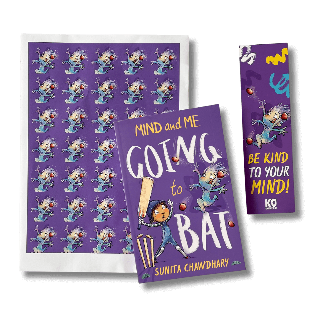 Mind and Me: Going to Bat by Sunita Chawdhary with accompanying sticker sheet and bookmark