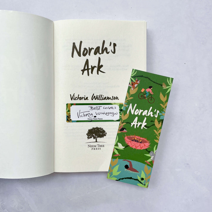 Bookplate signed by Victoria Williamson (author) inside an open copy of Norah's Ark