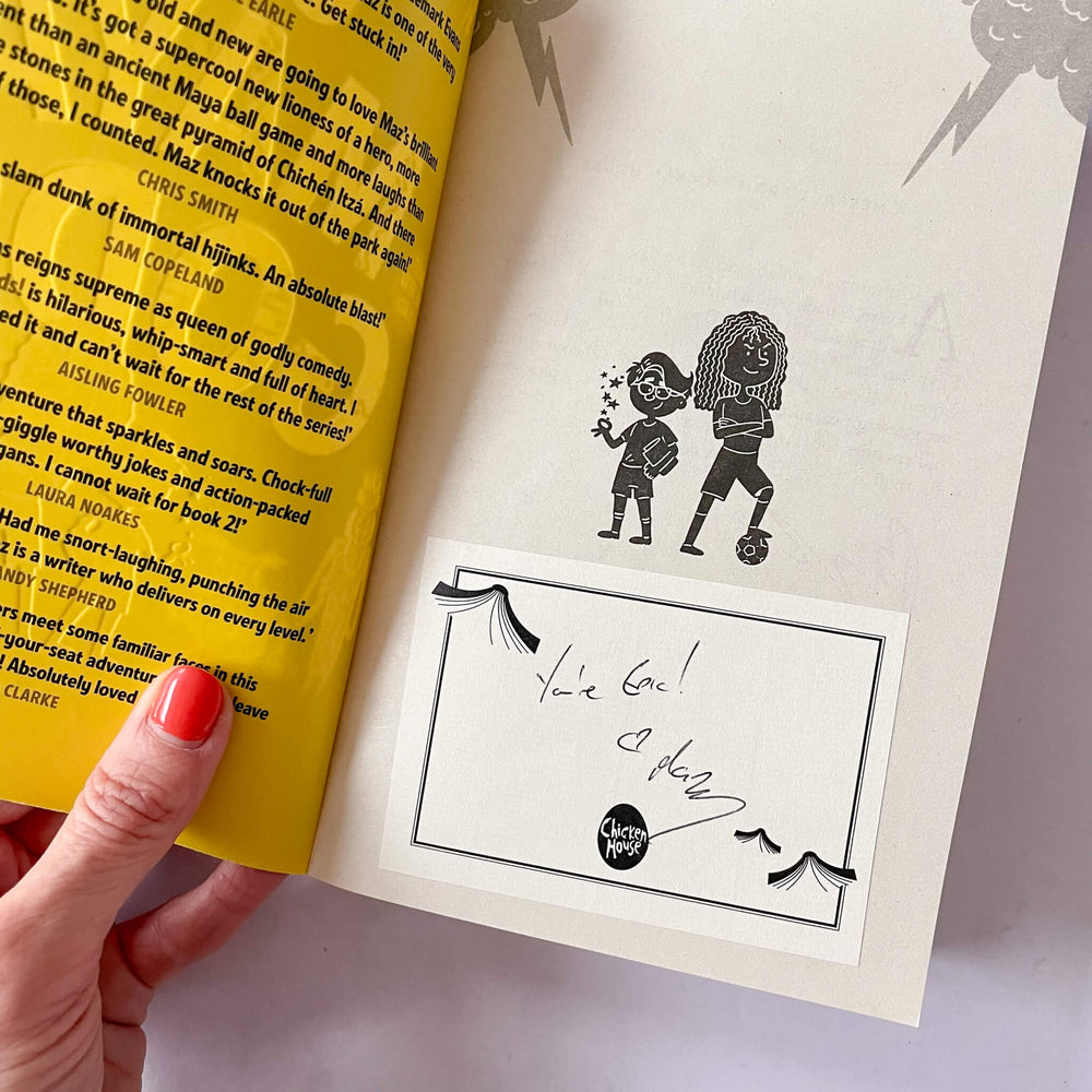 Bookplate signed by Maz Evans inside Oh Maya Gods!