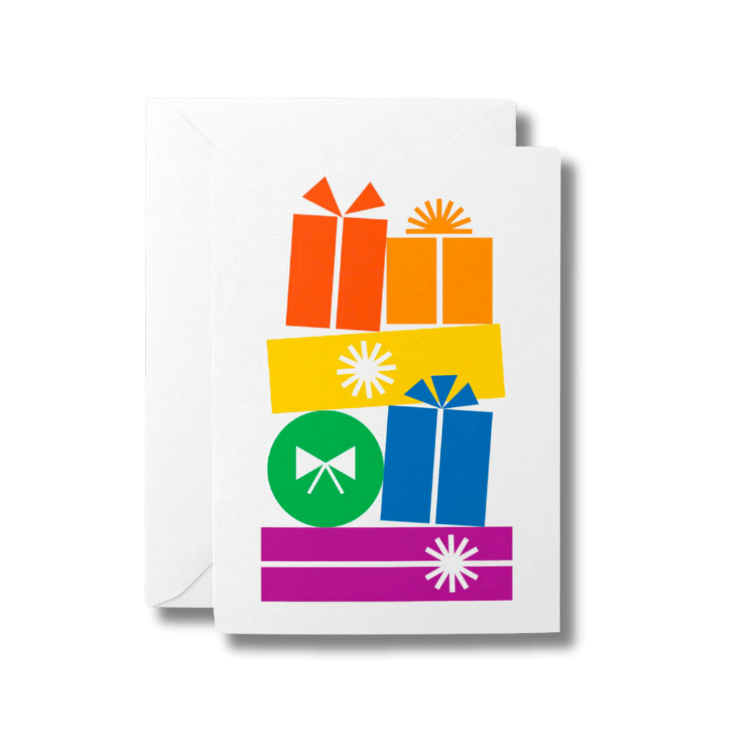 Graphic and colourful Christmas card showing a pile of wrapped gifts in orange, yellow, green and purple.