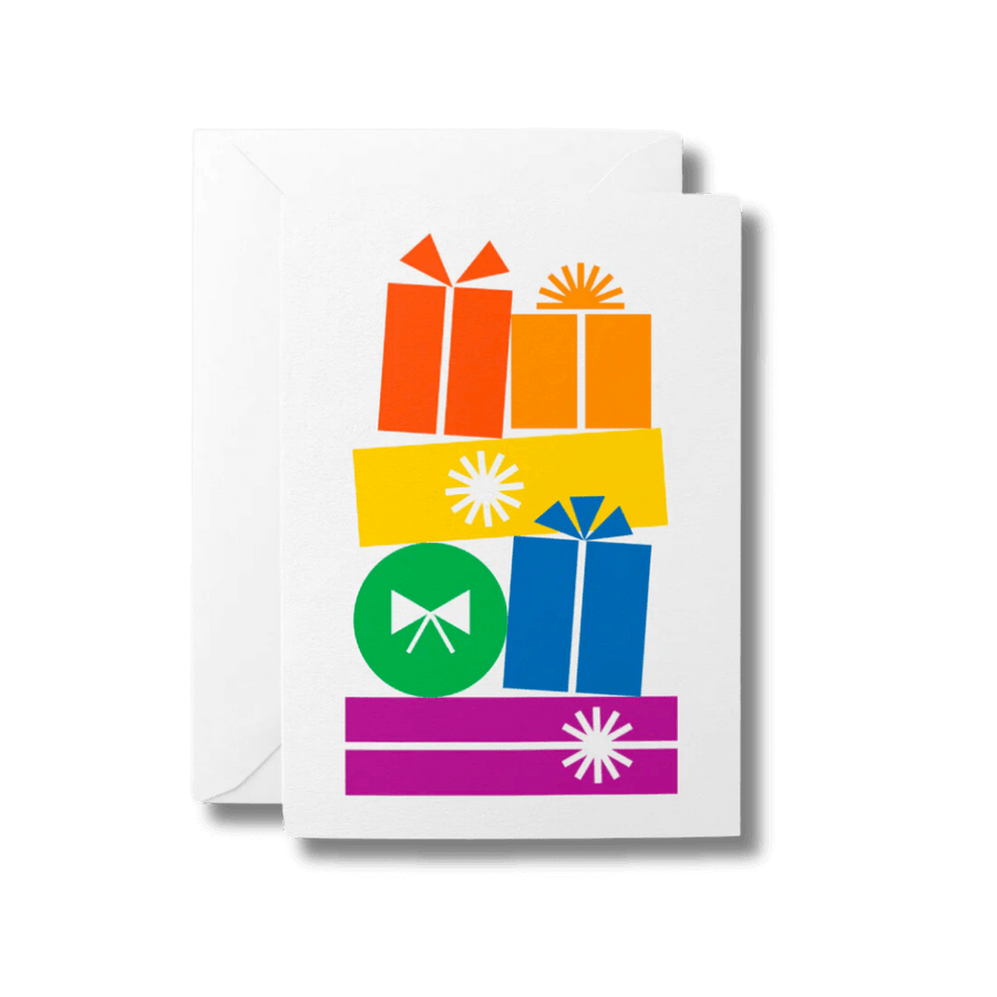 Graphic and colourful Christmas card showing a pile of wrapped gifts in orange, yellow, green and purple.