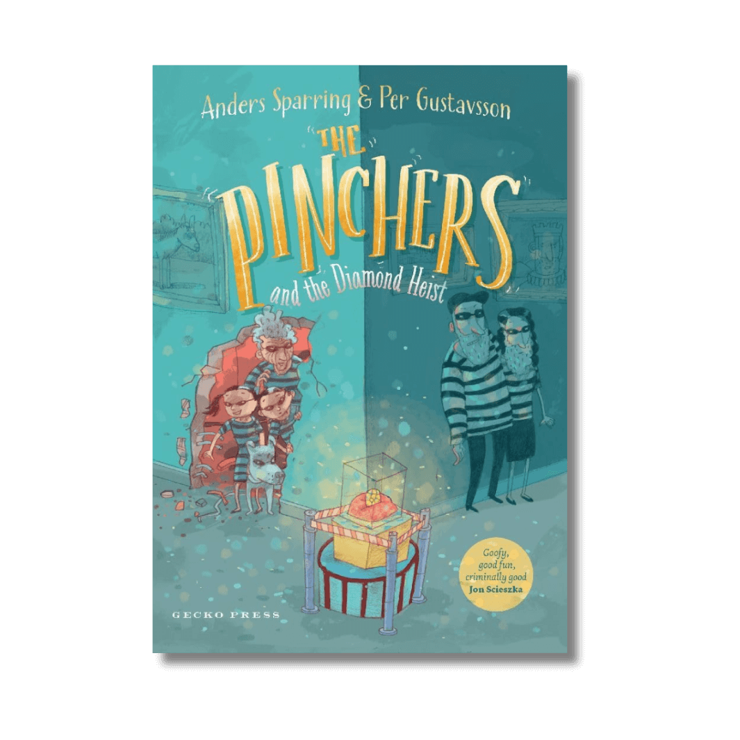 Book cover of 'The Pinchers and the Diamond Heist' by Anders Sparring with illustrated characters and a diamond on a blue background.