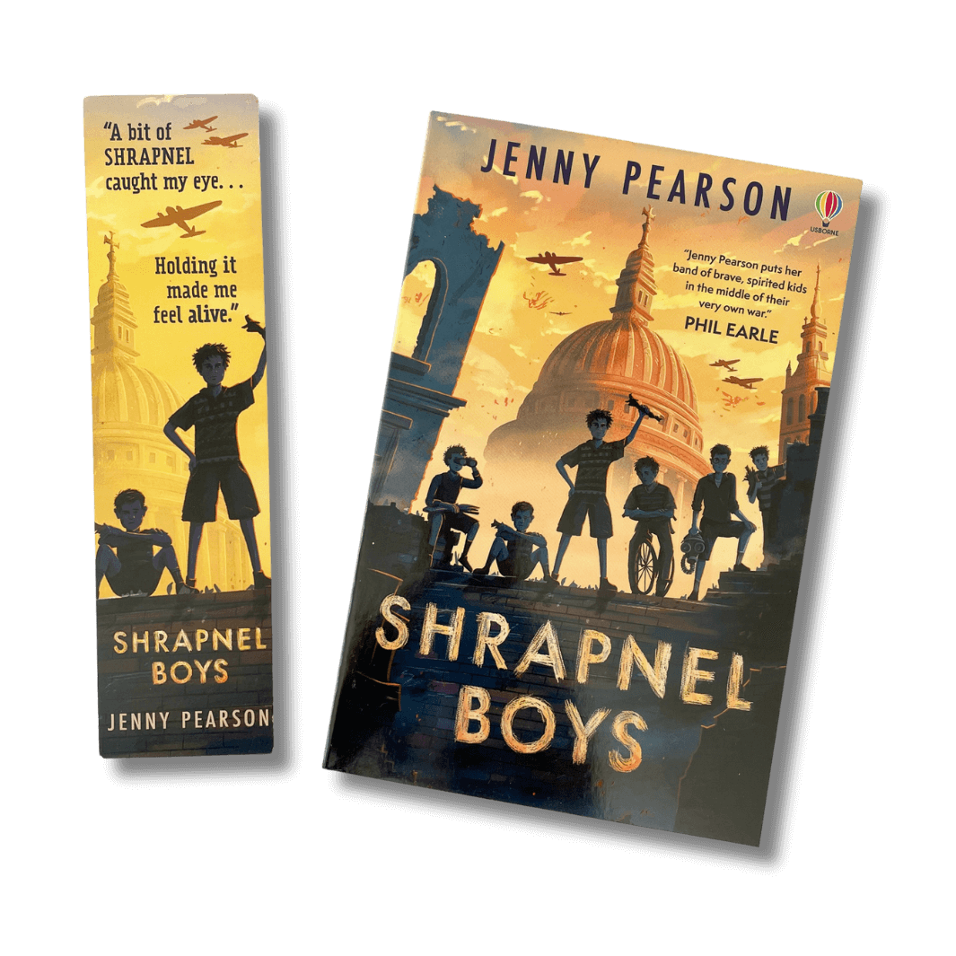Cover of Shrapnel Boys by Jenny Pearson with accompanying bookmark
