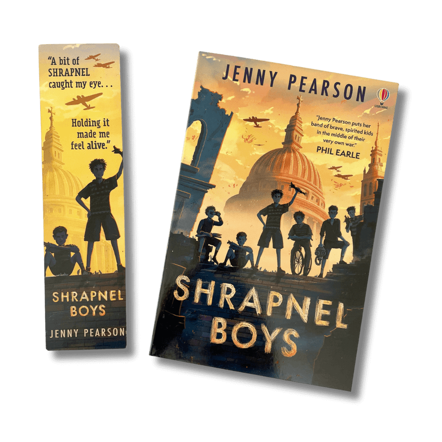 Cover of Shrapnel Boys by Jenny Pearson with accompanying bookmark