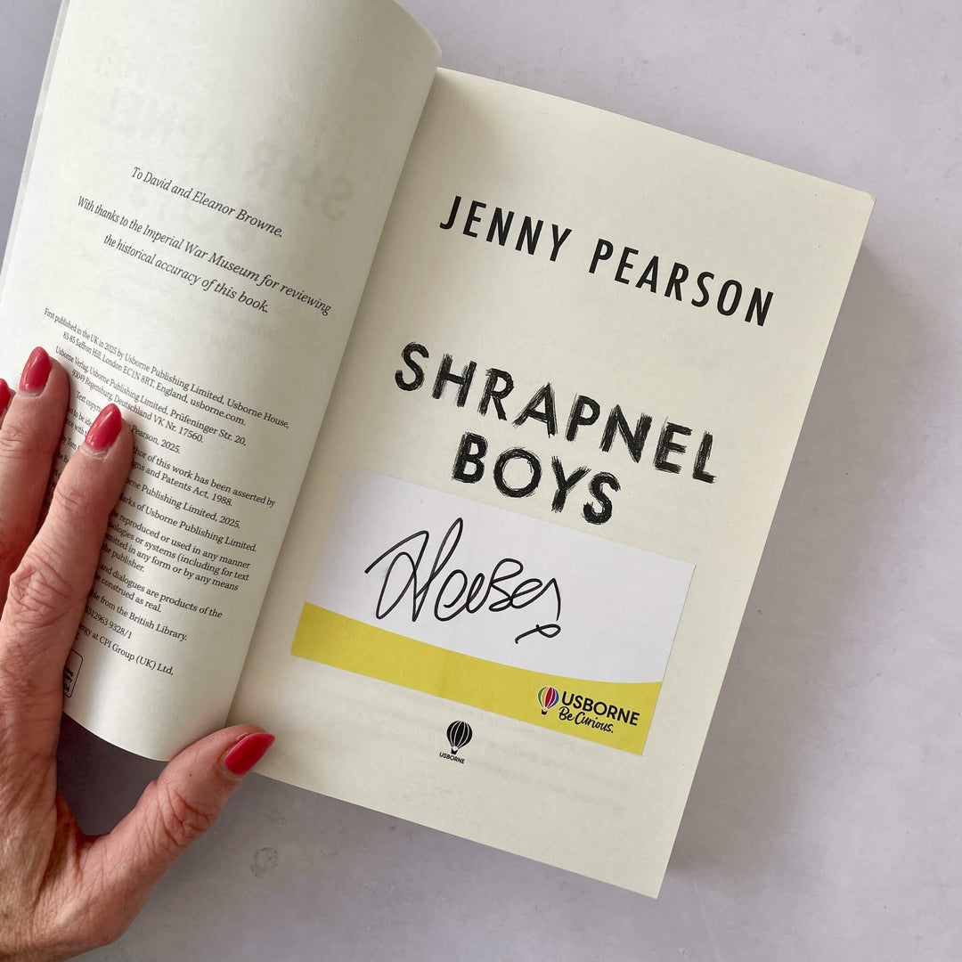 Interior of Shrapnel Boys with bookplate signed by author Jenny Pearson