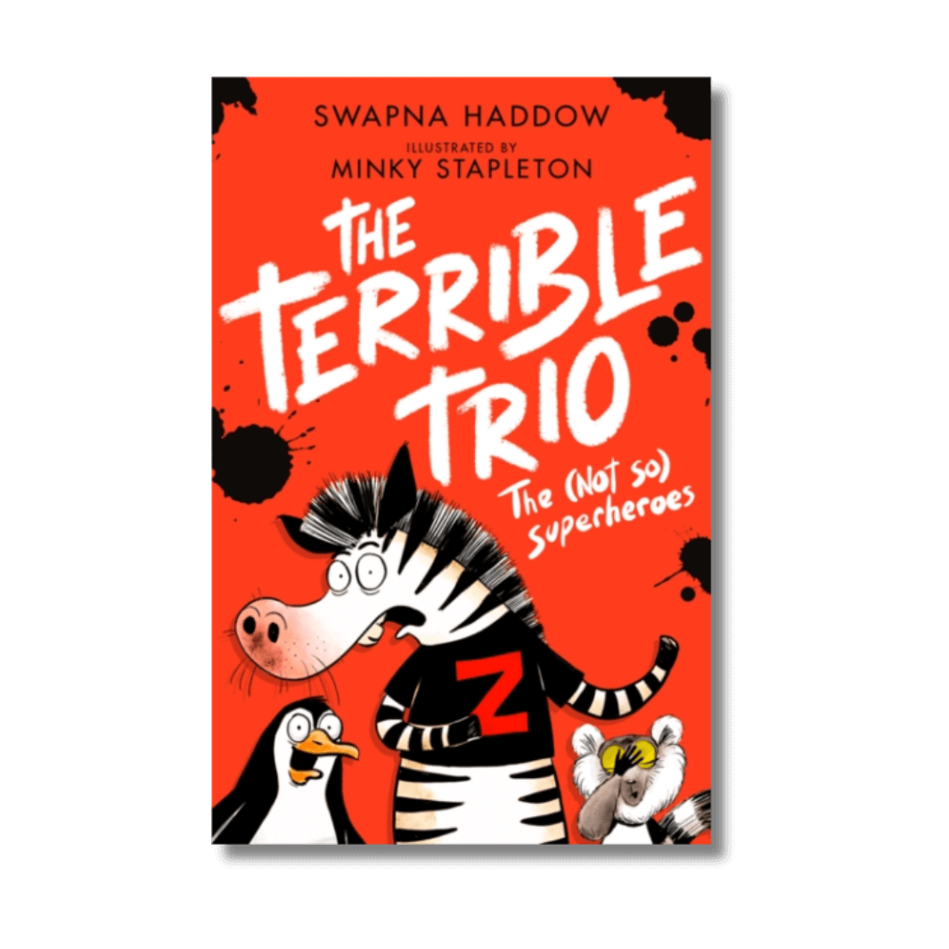 Book cover of 'The Terrible Trio' with cartoon characters on a red background