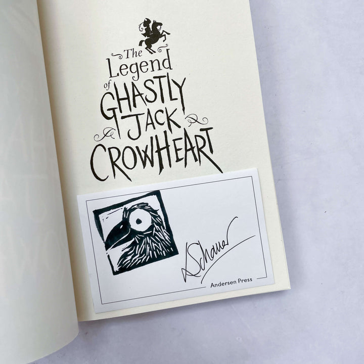 Bookplate signed by Loretta Schauer (author) inside an open copy of The Legend of Ghastly Jack Crowheart