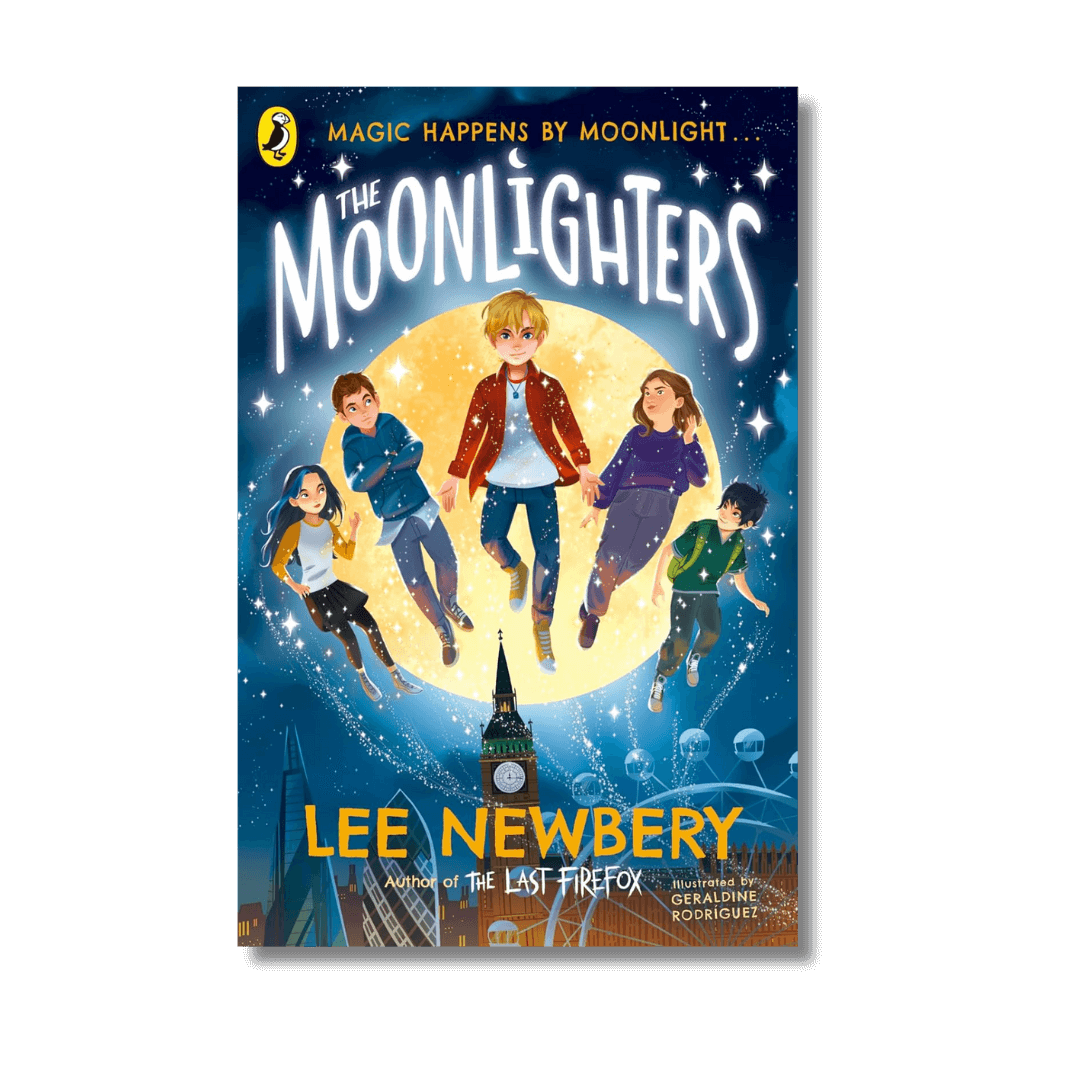 Book cover of 'The Moonlighters' by Lee Newbery with illustrations of children and a moon.