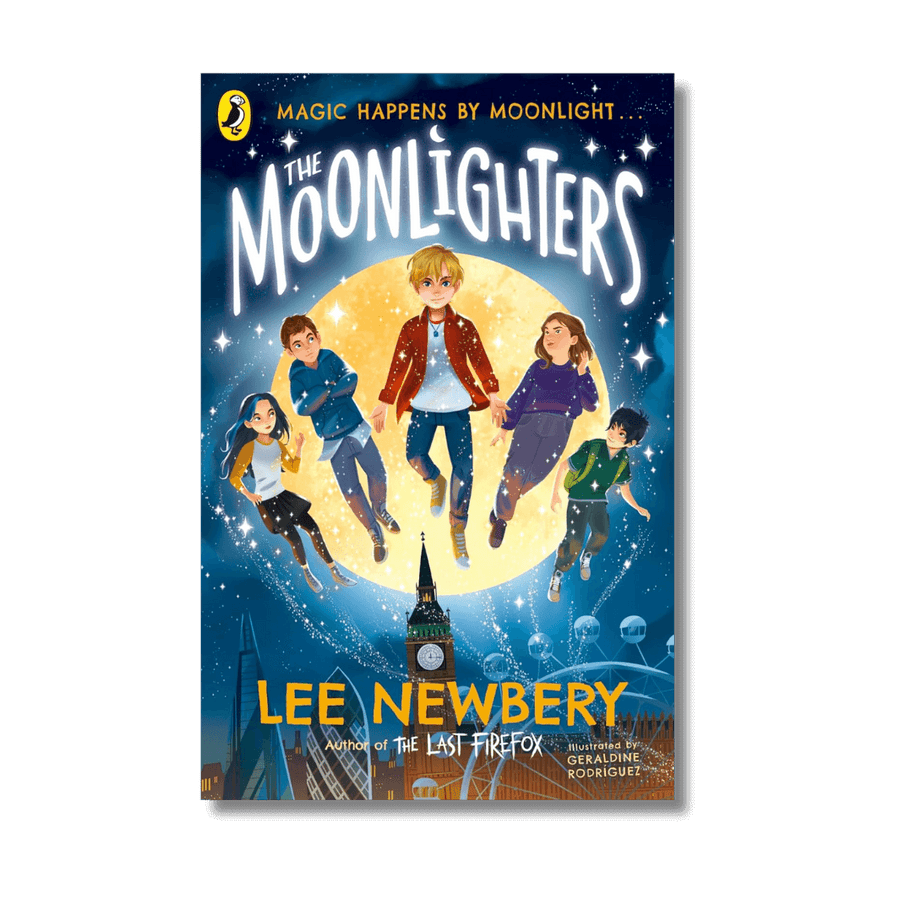 Book cover of 'The Moonlighters' by Lee Newbery with illustrations of children and a moon.