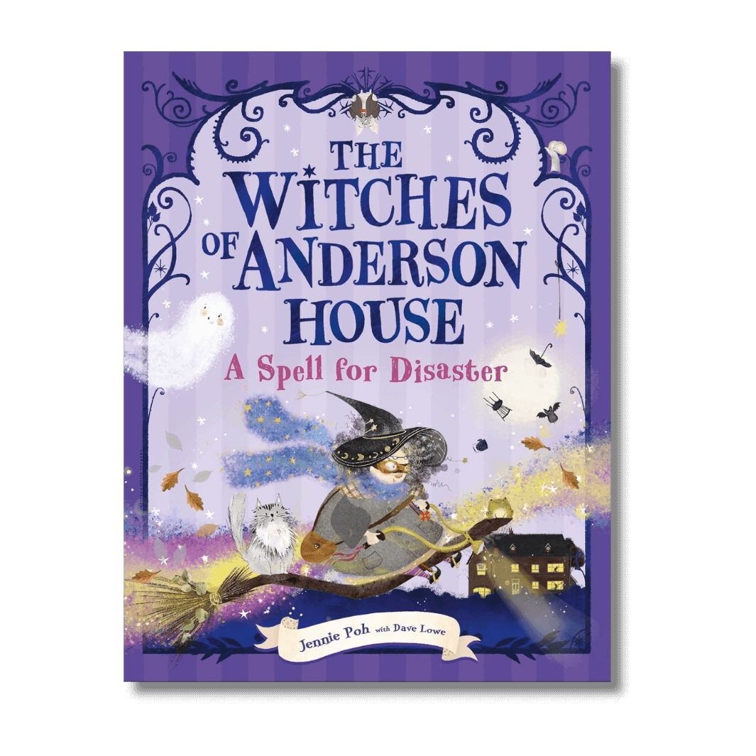 Book cover of 'The Witches of Anderson House: A Spell for Disaster' with a witch on a broomstick and a house in the background.