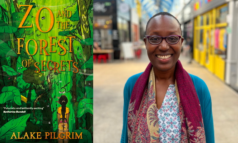 Zo and the Forest of Secrets by Alake Pilgrim. Book cover and author photo.