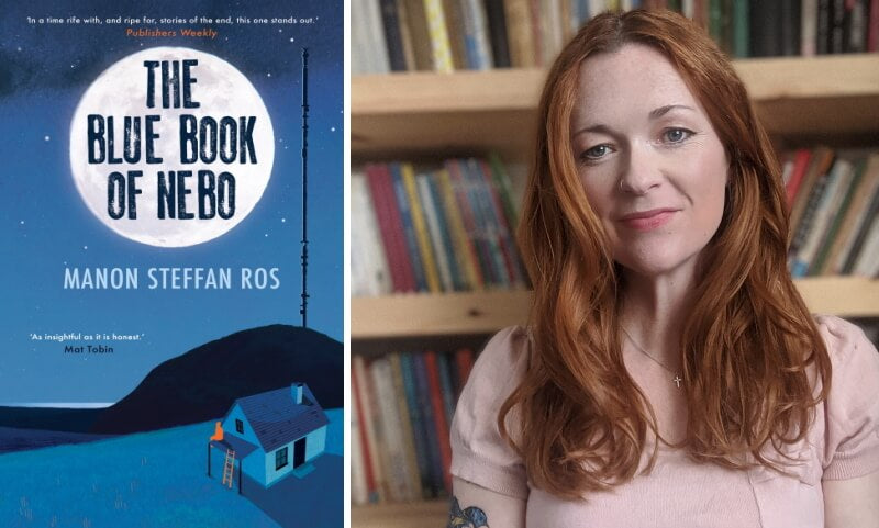The Blue Book of Nebo by Manon Steffan Ros. Book cover and author photo.