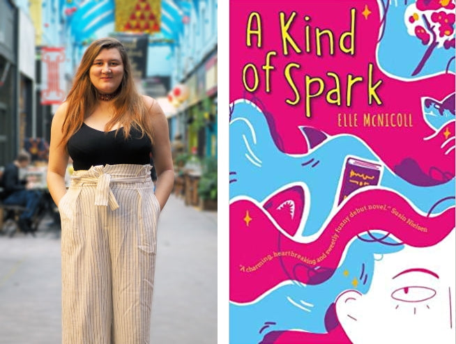 Elle McNicoll, author of A Kind of Spark and the cover of her book. 