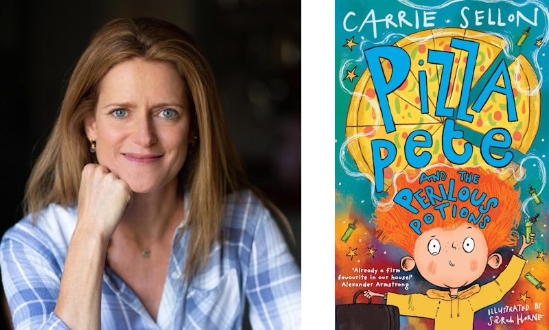 Pizza Pete and the Perilous Potions by Carrie Sellon. Book cover and author photo.