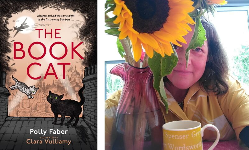 The Book Cat by Polly Faber. Book cover and author photo.