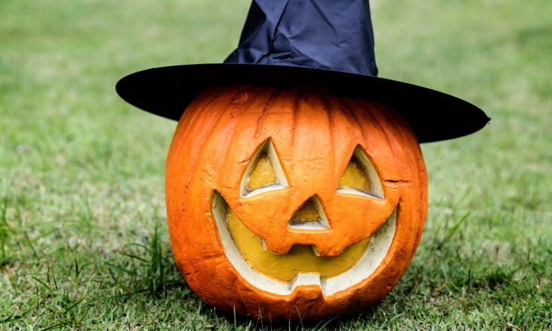 Carved pumpkin wearing a witch's hat