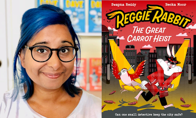 Reggie Rabbit: The Great Carrot Heist by Swapna Reddy. Book cover and author photo.