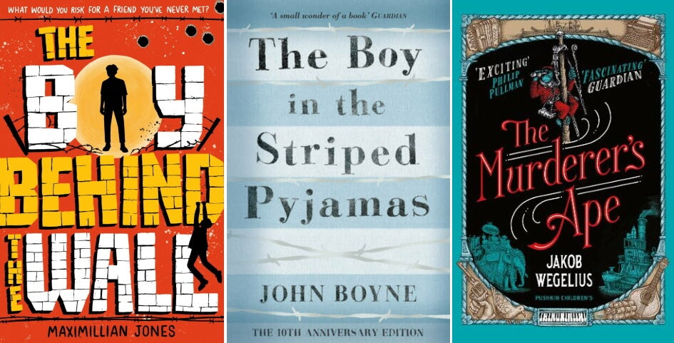 The Boy Behind the Wall. The Boy in the Striped Pyjamas. The Murderer's Ape. Book covers.