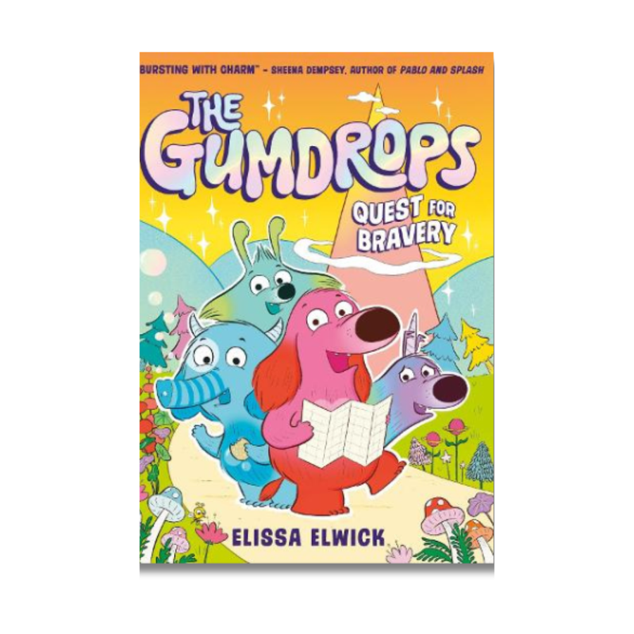 The Gumdrops Quest for Bravery' with colorful characters on a yellow background