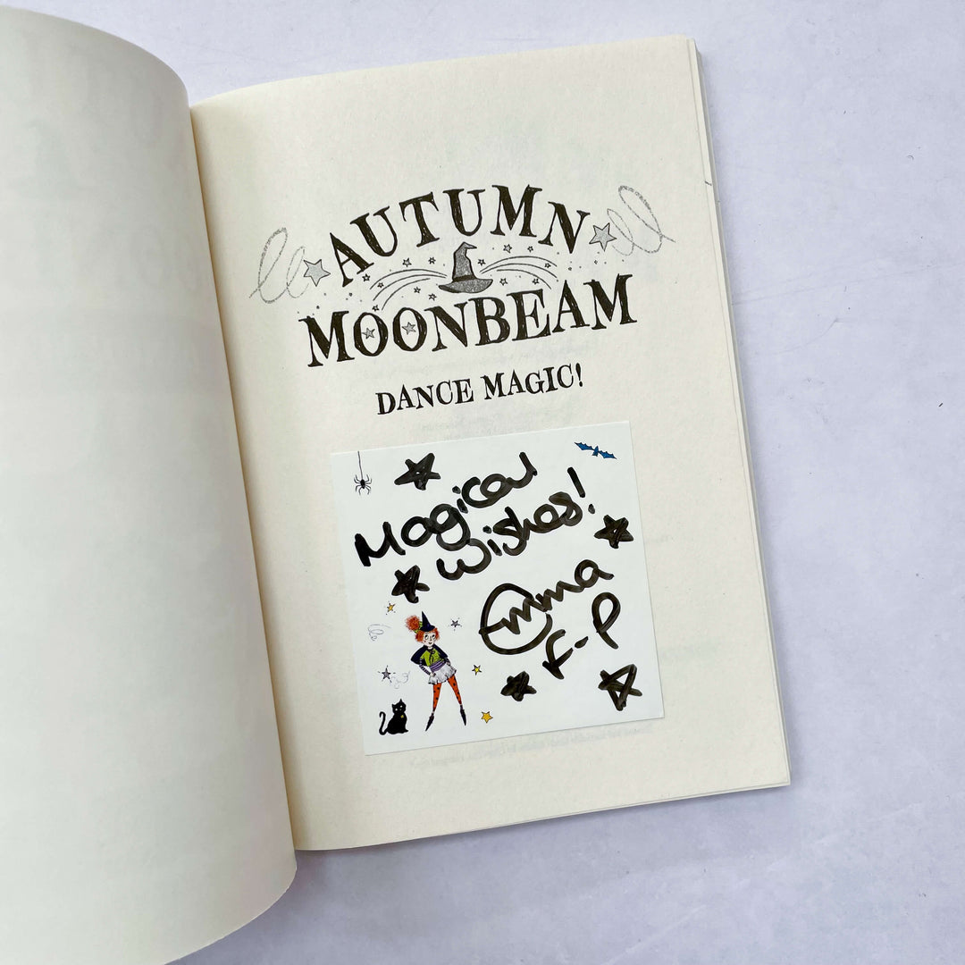 Bookplate signed by Emma Finlayson-Palmer (author) inside an open copy of Autumn Moonbeam