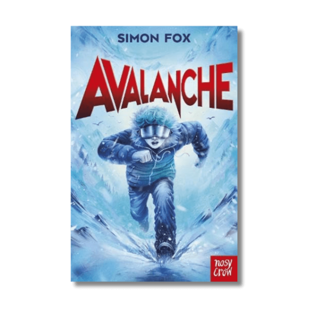 Book cover of 'Avalanche' by Simon Fox with a person in winter clothing running through snow.