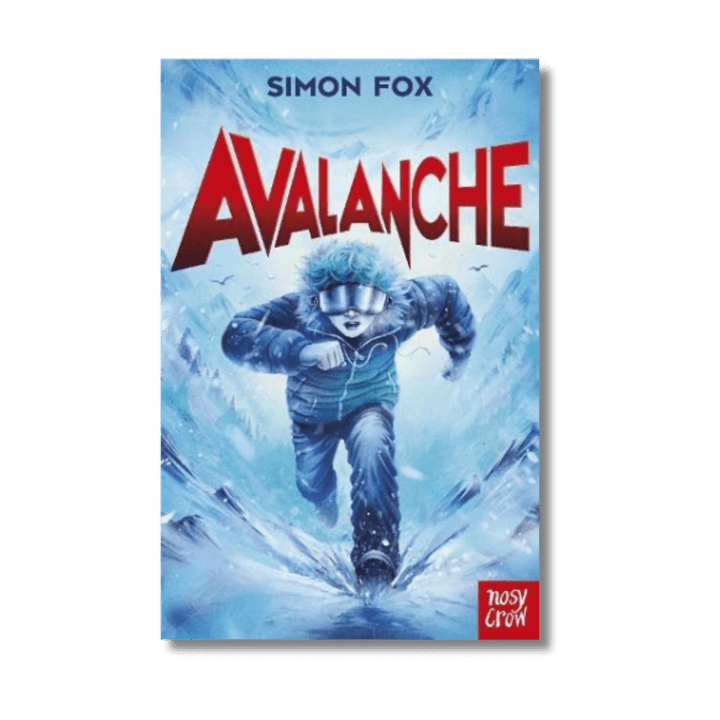 Book cover of 'Avalanche' by Simon Fox with a person in winter clothing running through snow.