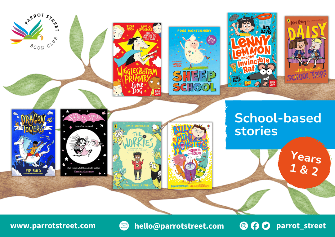 Poster showing chapter book recommendations for Years 1 and 2 around the theme of school