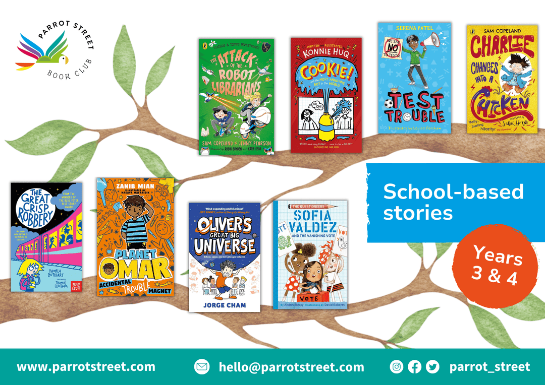 Poster showing chapter book recommendations for Years 3 and 4 around the theme of school