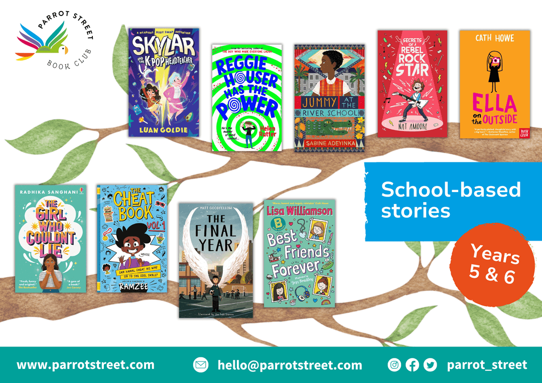 Poster showing chapter book recommendations for Years 5 and 6 around the theme of school
