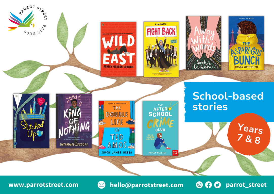 Poster showing chapter book recommendations for Years 7 and 8 around the theme of school