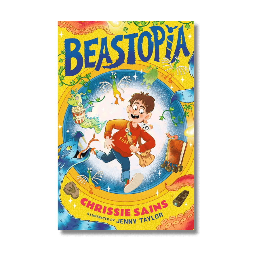 Book cover of 'Beastopia' by Chrissie Sains with a colorful illustration of a boy and various creatures.