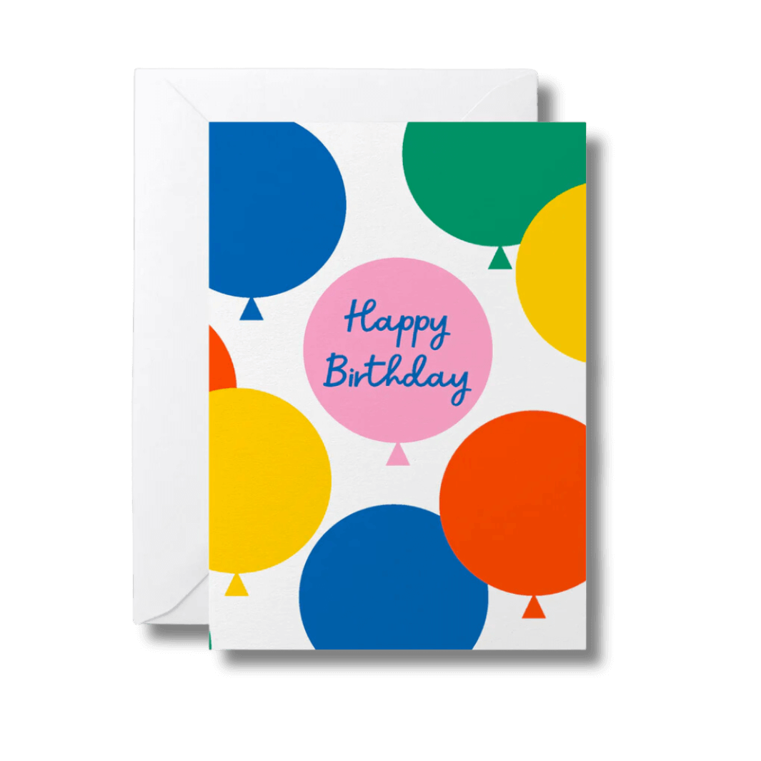 Greeting card with bold and colourful balloons and the words happy birthday