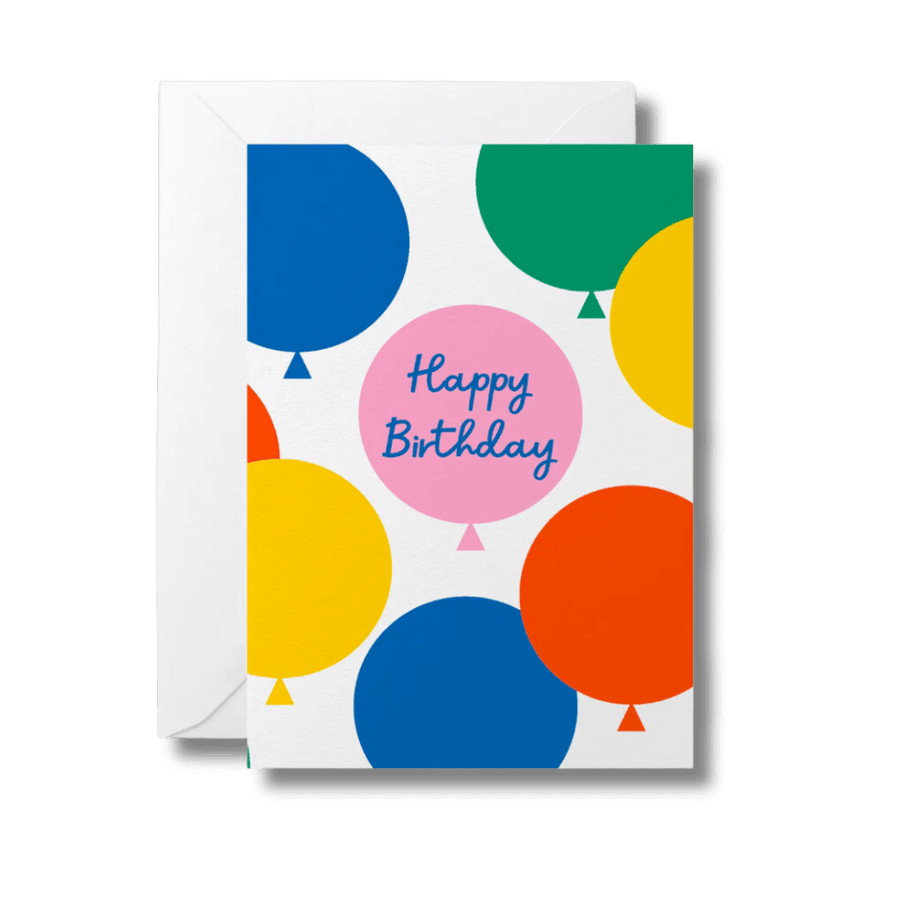 Greeting card with bold and colourful balloons and the words happy birthday