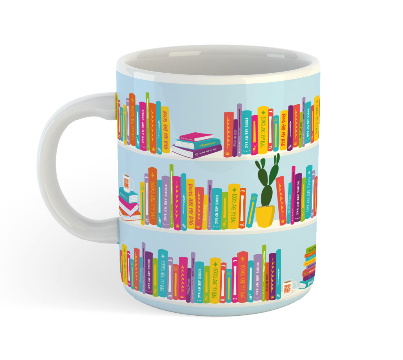 Colourful booklovers mug showing books on bookshelves