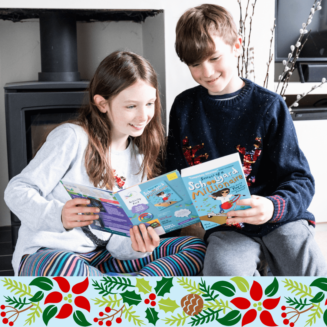 Two children excitedly unwrapping a chapter book and activity pack bundle