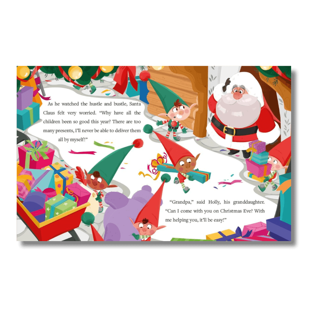 Illustrated book page with Santa Claus and elves around Christmas presents