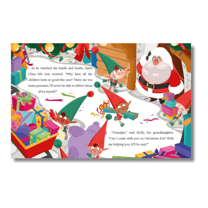 Illustrated book page with Santa Claus and elves around Christmas presents