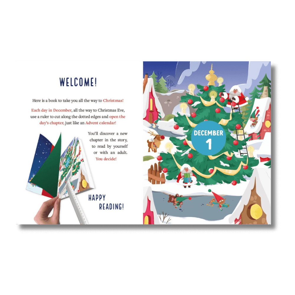 Illustrated Christmas book with a tree and Santa Claus, featuring a welcome message and December 1st page.