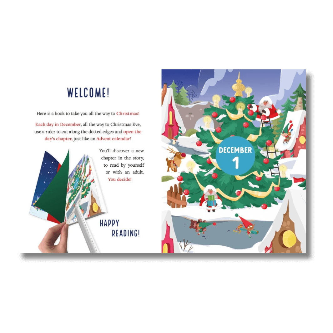Illustrated Christmas book with a tree and Santa Claus, featuring a welcome message and December 1st page.