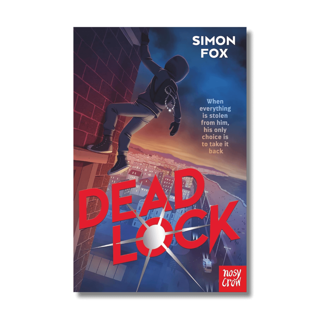 Book cover of 'Dead Lock' by Simon Fox with a silhouette climbing a wall.